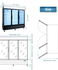 Heavy Duty 70 Cubic Foot Commercial Freezer With Swinging Glass Doors And Led Top Panel dimensions and frontal view with measurements.