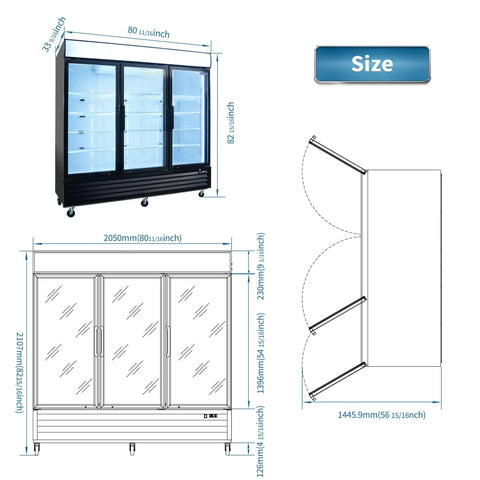 Heavy Duty 70 Cubic Foot Commercial Freezer With Swinging Glass Doors And Led Top Panel dimensions and frontal view with measurements.