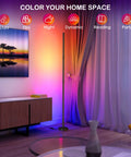 Smart RGB Corner Floor Lamp With WiFi App Control Alexa And Google Assistant 16 Million Color Options Music Sync Scene Modes 63 Inch Tall LED Light For Living Room And Bedroom High Brightness 22W Output Easy Tool Free Assembly in living room with colorful lighting.