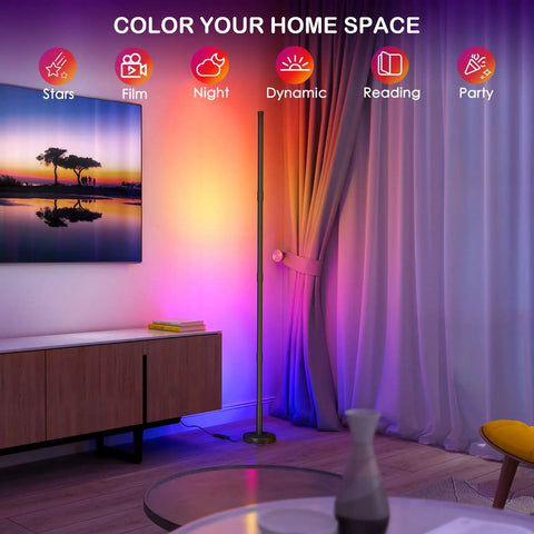 Smart RGB Corner Floor Lamp With WiFi App Control Alexa And Google Assistant 16 Million Color Options Music Sync Scene Modes 63 Inch Tall LED Light For Living Room And Bedroom High Brightness 22W Output Easy Tool Free Assembly in living room with colorful lighting.