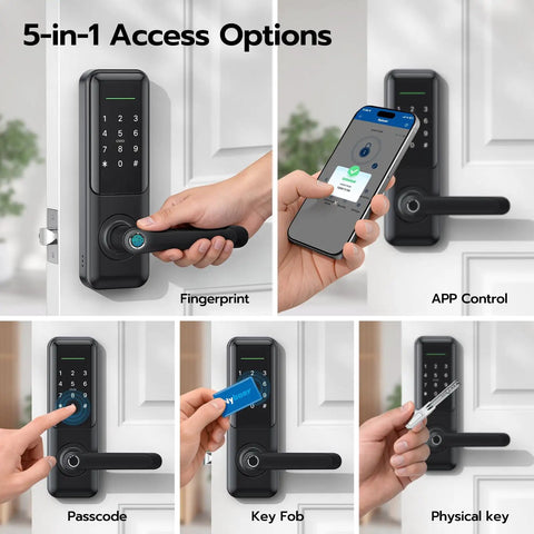 Keyless Fingerprint Smart Door Lock With Handle For Front Door Keypad Entry No Key Needed Digital Lock Replacement showcasing 5 access options