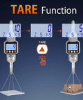 Heavy Duty Digital Crane Scale 22,000 Lb Hanging Scale With Peak Hold Function And Kg And Lb Unit Switching Industrial Grade Weight Measurement Tool for construction and shipping shown with tare function display.