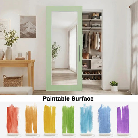 36 By 80 Inch Sliding Barn Door Featuring Concealed Hardware And Butter Smooth Soft Close System Plus Full Length Mirror showing paint options.