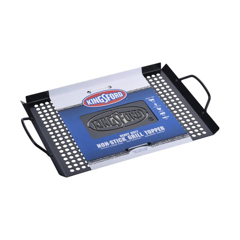 Nonstick Grill Topper Pan With Handles, Heavy Duty Carbon Steel BBQ Grilling Tray, in packaging on white background