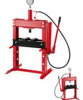 Ten Ton Rock Solid H Frame Hydraulic Shop Press With Quick Swap Plates for Bearing Swapping and Metal Bending, red, robust design.
