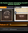 Falcon A1 laser engraver front view; 10W engraving on dark wood plaque with 'Others 10W' side comparison.
