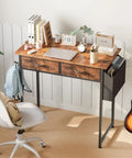 32 Inch Home Office Desk With Drawers And Storage For Gaming, Study Or Writing, Includes Fabric Drawers, Side Storage Bag, Headphone Hook, And Adjustable Feet In Rustic Brown, shown with chair and accessories