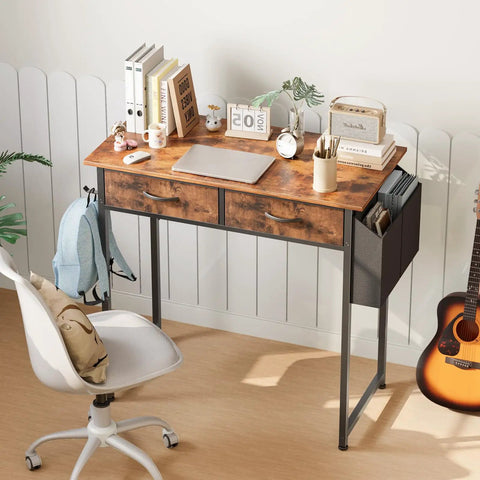32 Inch Home Office Desk With Drawers And Storage For Gaming, Study Or Writing, Includes Fabric Drawers, Side Storage Bag, Headphone Hook, And Adjustable Feet In Rustic Brown, shown with chair and accessories