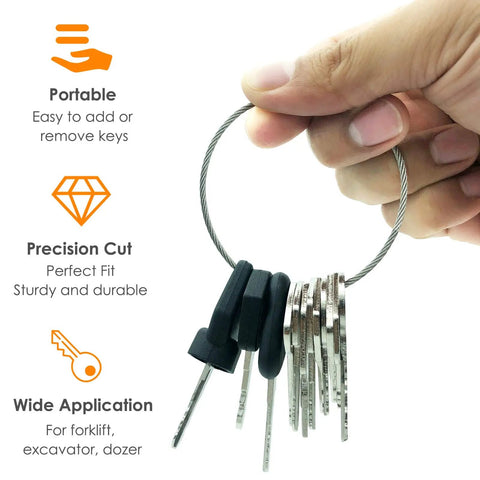 12 Heavy Equipment Forklift Keys Master Set On One Ring, ignition and access keys held on a convenient organized key ring