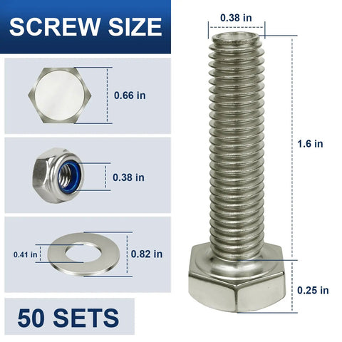 Beefy Heavy Duty Three Eighths Inch Caster Mounting Hardware Kit With Sixteen Hex Bolts Nylon Lock Nuts And Flat Washers diagram