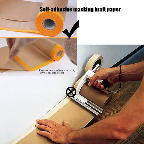 Pro-Grade Pre-Taped Masking Paper With Built-In Painter Tape 20 Inch Wide By 90 Feet Long 2 Pack in use on floor and wall.