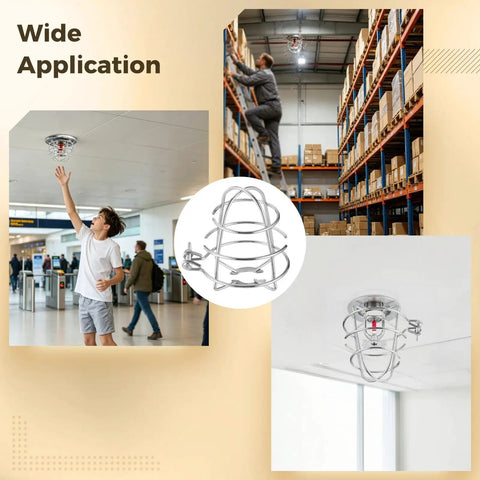10 Pack Stainless Steel Fire Sprinkler Guard Cages For 1/2 Inch Heads With Rugged Wire Mesh Design For Ceiling Mount Impact Protection Against Ladders And Tools To Keep Your System Bulletproof And Stress Free, displayed in various settings.