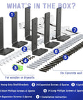 Heavy Duty Floating Shelf Brackets Set 6 Inch Long 6 Pack Black Coated Metal Wall Shelf Supports with screws and spirit level.