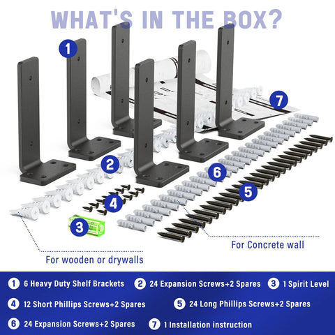 Heavy Duty Floating Shelf Brackets Set 6 Inch Long 6 Pack Black Coated Metal Wall Shelf Supports with screws and spirit level.