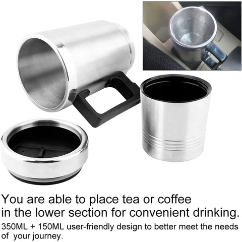 12V Car Electric Kettle Rock Solid Fast Heating food grade stainless steel mug with handle, perfect for travel coffee or tea.