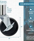 4 Inch Caster Roller Wheels Replacement Set Of Four For HCD Shelving Unit Black shown with dimensions and threaded stem details.