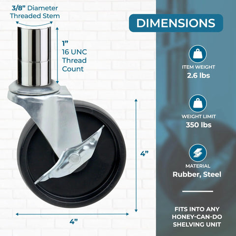 4 Inch Caster Roller Wheels Replacement Set Of Four For HCD Shelving Unit Black shown with dimensions and threaded stem details.