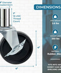 Heavy Duty Four Inch Swivel Caster Wheels Set Of Four Featuring Smooth Roll Action And Secure Locking Brakes Built To Last For Wire Shelving and Storage Racks, 4-inch rubber wheel with 3/8-inch threaded stem.