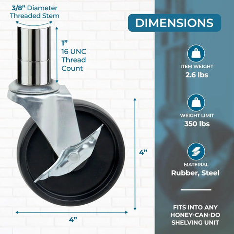 Heavy Duty Four Inch Swivel Caster Wheels Set Of Four Featuring Smooth Roll Action And Secure Locking Brakes Built To Last For Wire Shelving and Storage Racks, 4-inch rubber wheel with 3/8-inch threaded stem.