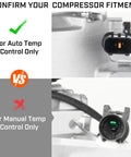 Image comparing AC compressor connectors for auto and manual temperature control systems, relevant for Top Tier AC Compressor With Clutch For 2012 Through 2017 Hyundai Accent Kia Rio 1.6 Liter Motor.