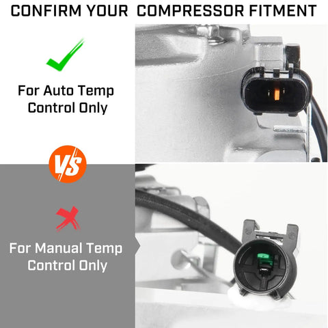 Image comparing AC compressor connectors for auto and manual temperature control systems, relevant for Top Tier AC Compressor With Clutch For 2012 Through 2017 Hyundai Accent Kia Rio 1.6 Liter Motor.