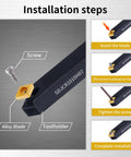 Installation steps for Heavy Duty 3/8 Indexable Lathe Turning Tool Set with angled toolholder and alloy blade.