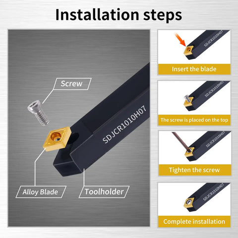 Installation steps for Heavy Duty 3/8 Indexable Lathe Turning Tool Set with angled toolholder and alloy blade.