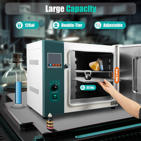 Heavy Duty Horizontal Electric Blast Drying Oven With Smart Digital Controller, 1000W Forced Air Convection Lab Dryer with 12-gallon capacity.