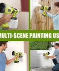 Cordless HVLP Paint Sprayer With 200W Brushless Motor And Roomy Cup used on various surfaces for painting outdoors and indoors.