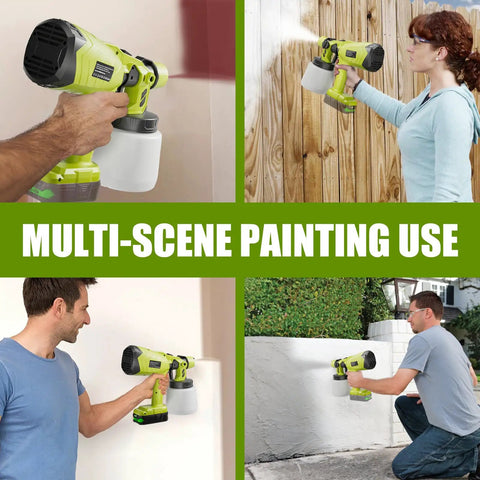 Cordless HVLP Paint Sprayer With 200W Brushless Motor And Roomy Cup used on various surfaces for painting outdoors and indoors.