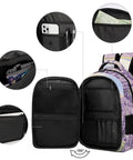 Purple Flower Valley Printed Unisex Backpack With Large Capacity Durable Polyester Daypack showing open compartments and storage pockets.