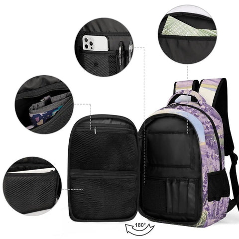 Purple Flower Valley Printed Unisex Backpack With Large Capacity Durable Polyester Daypack showing open compartments and storage pockets.