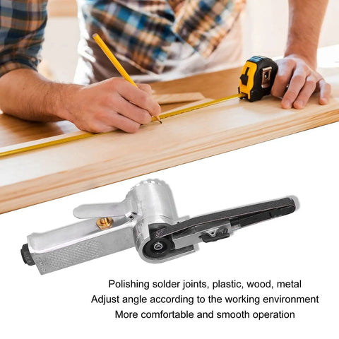 Top Shelf Pneumatic Belt Sander With Retractable Trigger And Ultra Thin Pressure Plate For Smooth Wood Metal Finishing on workbench.