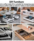 Image of DIY furniture showcasing an electric coffee table lift for versatile use as a work surface or coffee table.