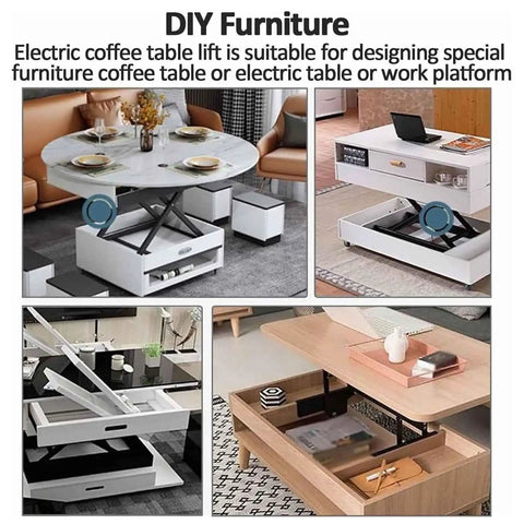 Image of DIY furniture showcasing an electric coffee table lift for versatile use as a work surface or coffee table.