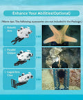 4K VR Underwater Drone With Robotic Arm Evo Standard For Immersive Ocean Exploration, 100M Cable Range shown with accessories.