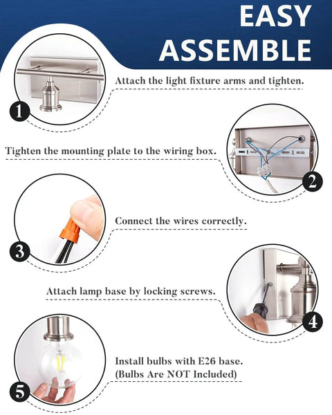 Assembly instructions for Three Light Brushed Nickel Bath Vanity Fixture Up Down Wall Sconce with step-by-step visuals.