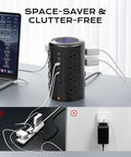 Ultimate Power Tower Surge Protector With 16 Outlets And 5 USB Ports Including 2 USB C 10 Ft Cord 1875W 2000J on desk with devices