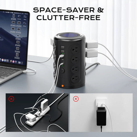 Ultimate Power Tower Surge Protector With 16 Outlets And 5 USB Ports Including 2 USB C 10 Ft Cord 1875W 2000J on desk with devices