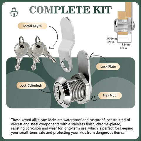 Complete kit of Heavy Duty Three Pack Cam Locks With No Sweat Setup Solid As A Rock Security For Tool Boxes Drawers And Pickup Beds including keys, cylinder, lock plate.