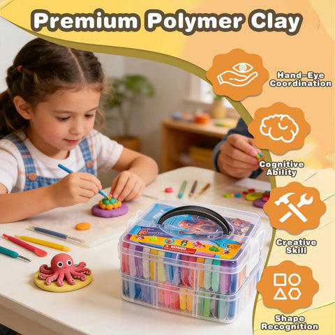 Child crafting with 60 Color Polymer Clay Starter Kit For Kids And Adults DIY Modeling Clay Oven Bake Art And Crafts Set at table