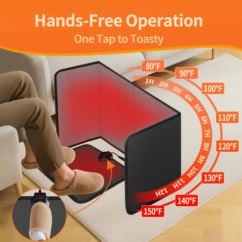 Person using Under Desk Heater Foldable And Quiet Office Space Warmer With Timer 8 Temp Levels Auto Shut Off Energy Efficient Portable Foot Warmer And Detachable Foot Mat