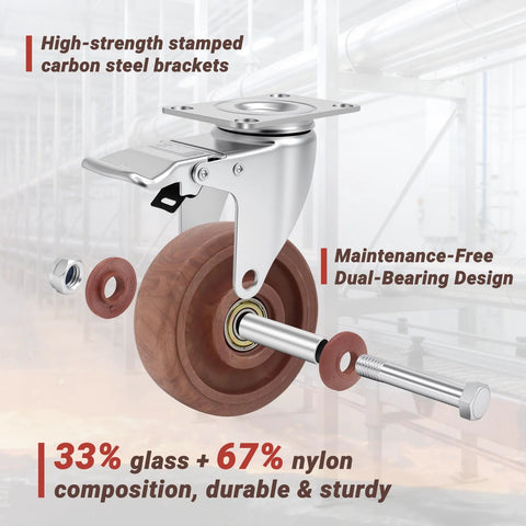 Heavy Duty 4 Inch Casters Set Of 4 With Brakes, 2000 Lbs Load Capacity, glass-filled nylon wheels, industrial use