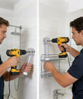 Kick Up Less Mess With This Heavy Duty Universal Drill Dust Collector That Sucks Up All The Grit And Keeps Your Shop Spotless While Fitting Almost Every Drill Bit You Own For Smooth Cleanup Indoors Or Outdoors, men using drill dust collector in shower.