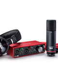 Scarlett 2i2 Studio 3rd Gen USB Audio Interface Bundle with Condenser Microphone and Headphones displayed on white background.