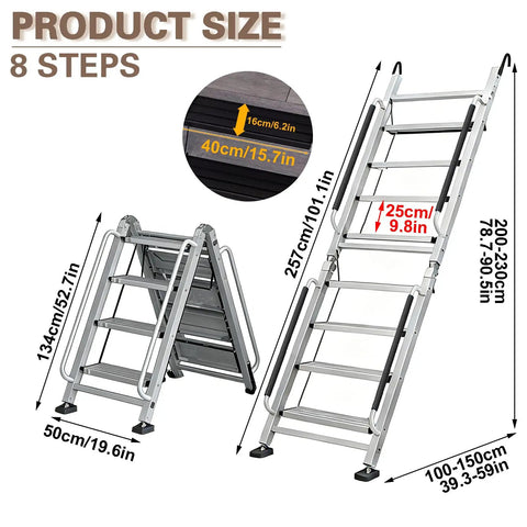 Foldable Aluminum Attic Ladder With 8 Step Design Portable Bunk Bed Access Stair With Handrails Built Tough Anti Slip Metal Climb Step Ladder For Dorm RV Home Supports 330 Lbs Easy Fold And Store, 8-step size diagram