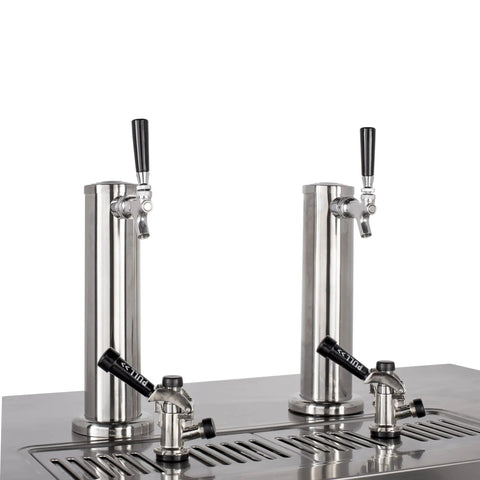 Badass Black Draft Beer Dispenser With Dual Insulated Taps And Heavy Duty Stainless Steel Top featuring polished taps and faucet handles.