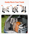 3-in-1 Collapsible Wagon With Wheels, Converts To A 75cm Wide Sofa, folded in a car trunk with camping gear and groceries