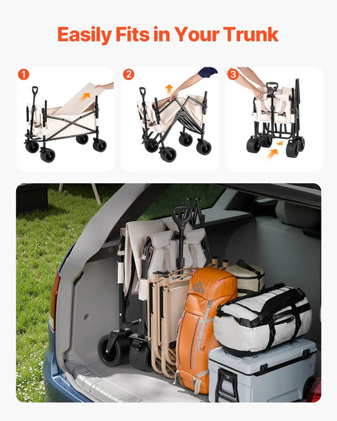 3-in-1 Collapsible Wagon With Wheels, Converts To A 75cm Wide Sofa, folded in a car trunk with camping gear and groceries