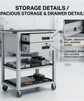 Heavy Hitter Anti Static Mobile Workbench Aluminum Utility Cart with lockable drawers and smooth swivel wheels for electronics repair.